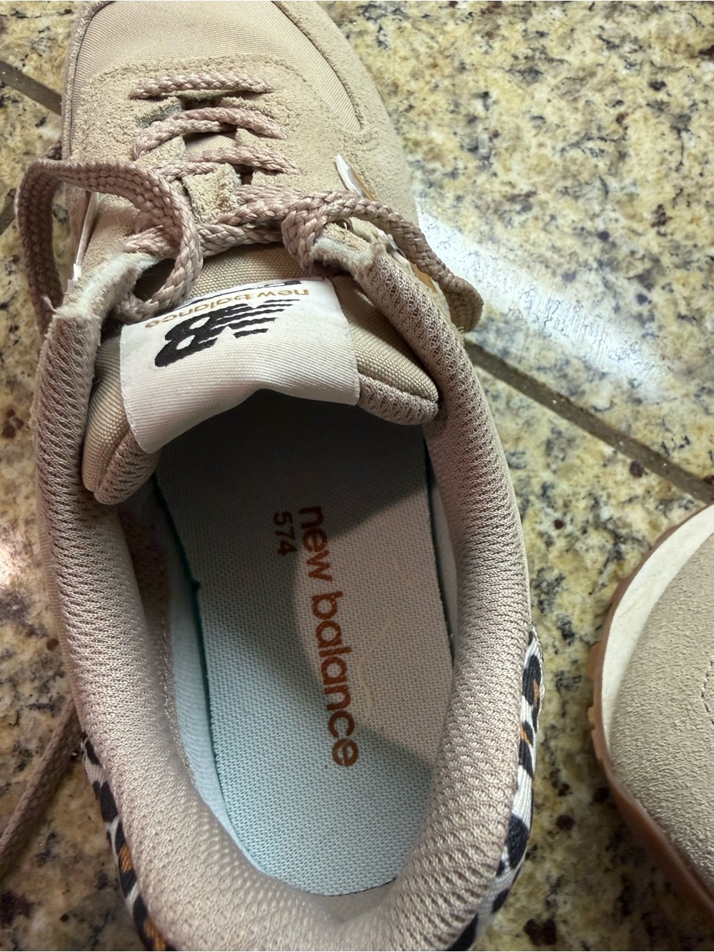 New Balance Beige Sneakers with Tan Logo and Leopard Heel 574 - Picture 9 of 9